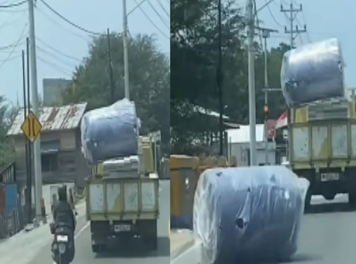 Tandon Air Jatuh dari Truk di Tengah Jalan, Nyaris Mengenai Pengendara