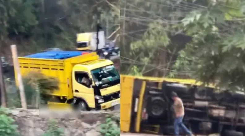 Truk Pengangkut Ubi Terguling di Nagreg Bandung, Muatan Tumpah