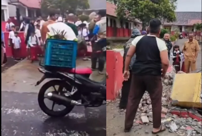 Gapura SDN Kertajadi Cianjur Roboh, Siswi dan Ayah Terluka