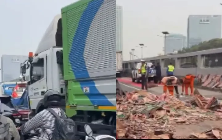 Kecelakaan Dua Truk di Depan DPR RI, Keramik Berserakan