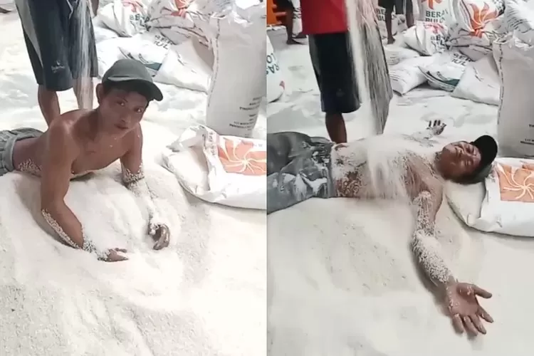 Viral Pria Tanpa Baju Guling-guling di Tumpukan Beras Bulog, Netizen Geram