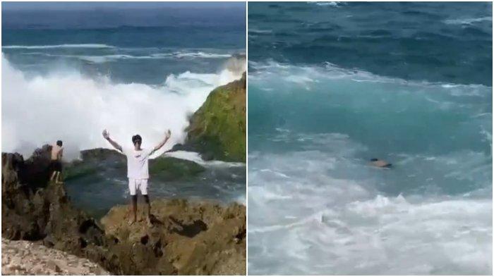 Viral! Detik-detik Pria Terseret Ombak di Pantai Kedung Tumpang, Korban Belum Ditemukan