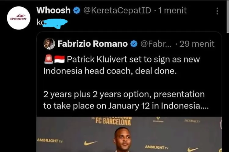 Heboh Akun X Whoosh Komentar Tak Senonoh soal Patrick Kluivert, Admin Terancam Diberi Sanksi