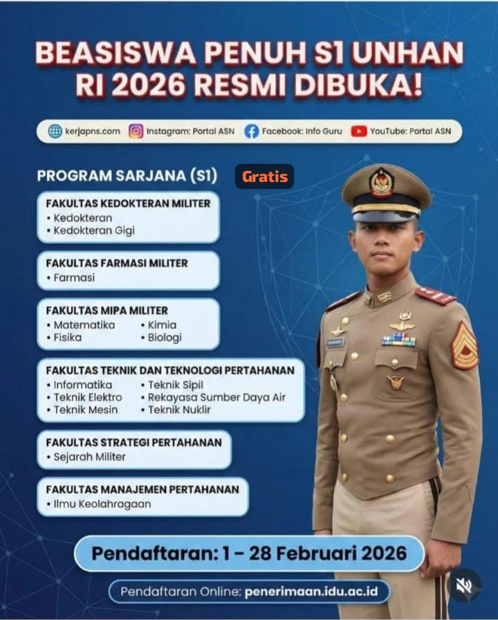 Beasiswa Penuh S1 Universitas Pertahanan UNHAN Tahun 2026
